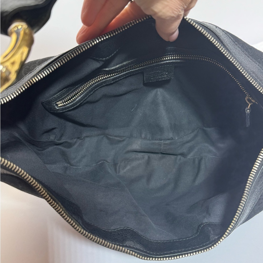 AUTHENTIC Gucci Black Crescent Bag w/Green & Red Stripe & Gold Bamboo Rings - Picture 8 of 11